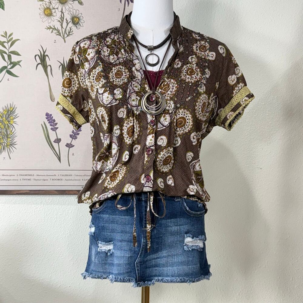 Y2K Beaded Sequin Drawstring Hem Button Up Shirt Boho Hippie Fairy Grunge XS S